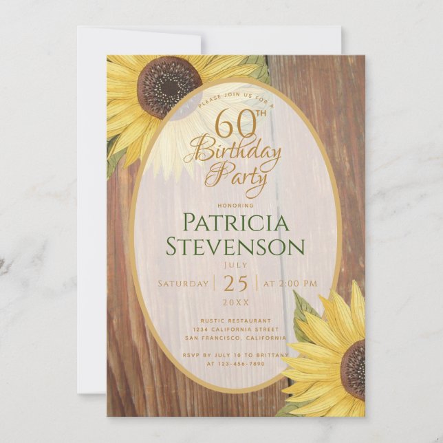 Rustic 60th Birthday Party Sunflowers Wood Floral Invitation (Front)