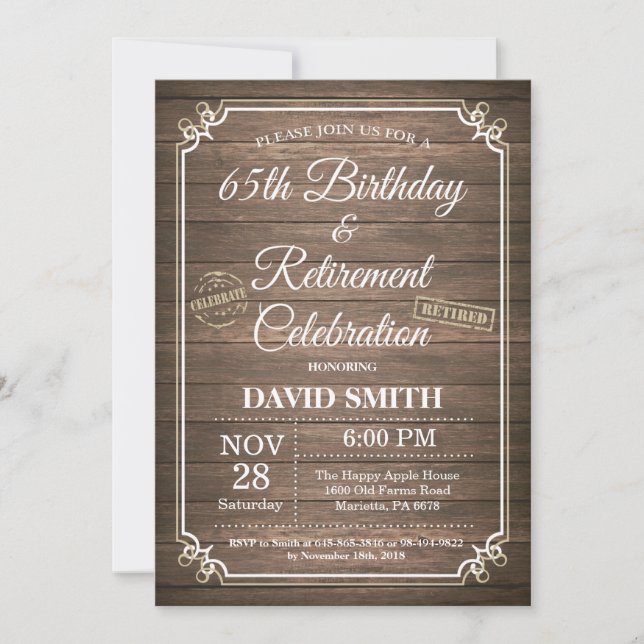 Rustic 65th Birthday and Retirement Party Invitation (Front)