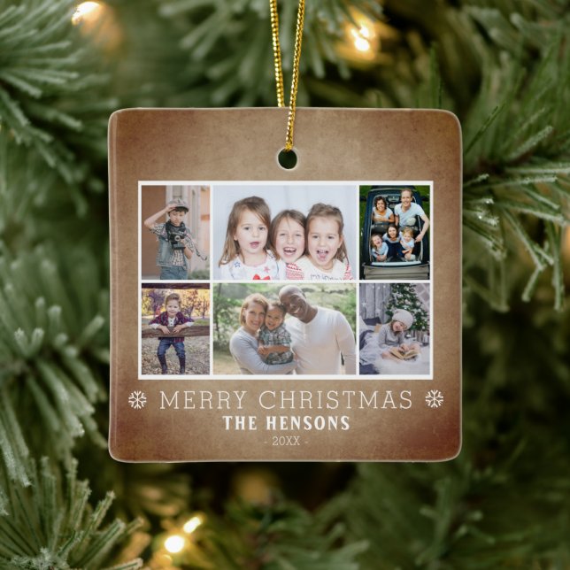 Rustic 6 Photo Collage Christmas Family  Ceramic Ornament (Tree)
