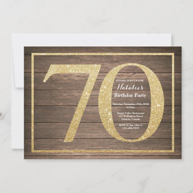Rustic 70th Birthday Invitation Gold Glitter (Front)