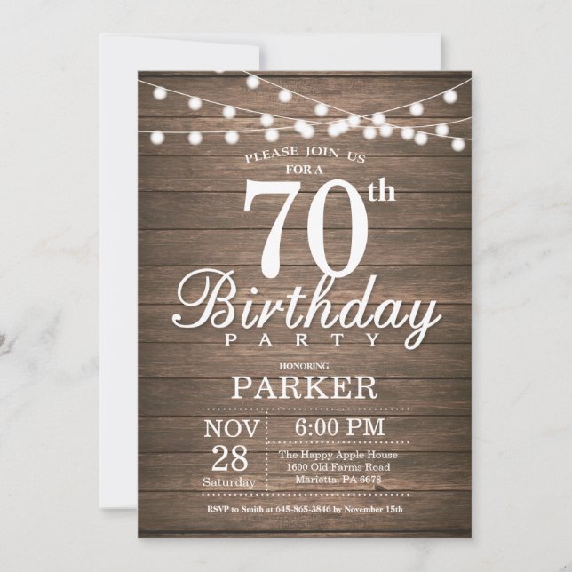 Rustic 70th Birthday Invitation String Lights Wood (Front)
