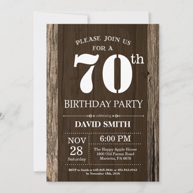 Rustic 70th Birthday Invitation Vintage Wood (Front)