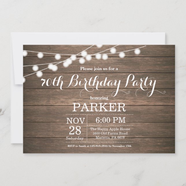 Rustic 70th Birthday Invitation Wood (Front)