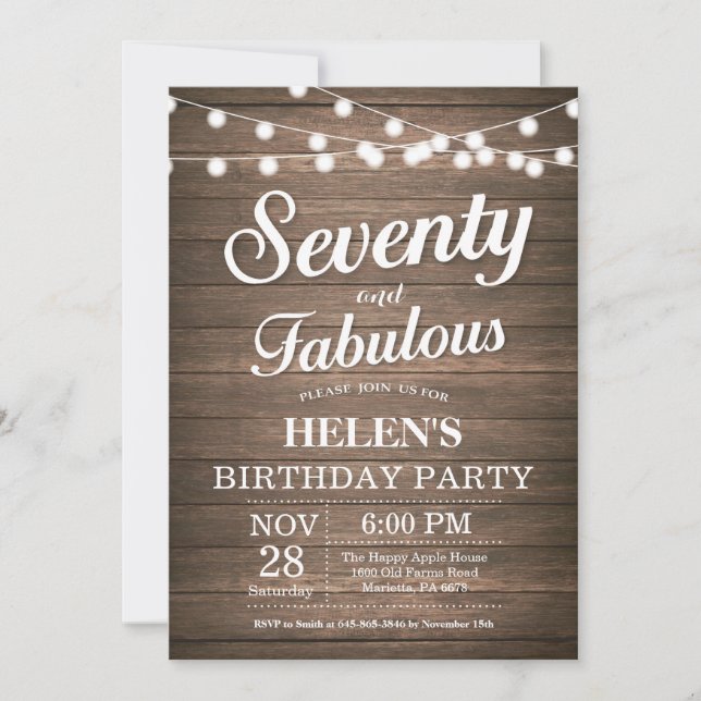 Rustic 70th Birthday Invitation Wood Fabulous (Front)