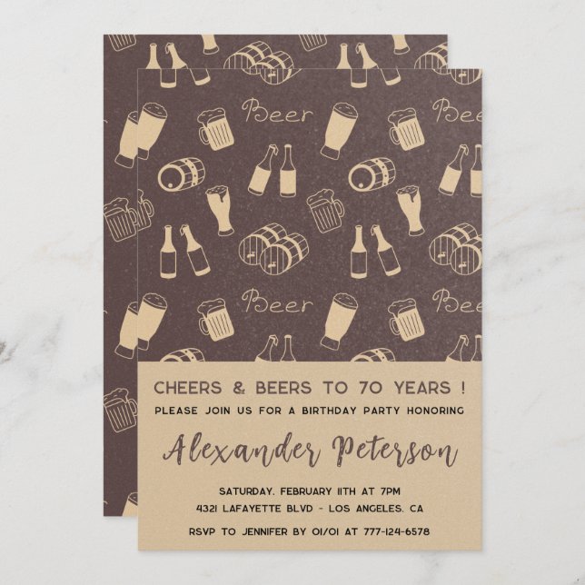 Rustic 70th birthday invitations Beer Celebration (Front/Back)