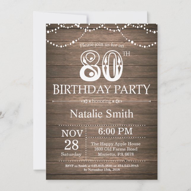 Rustic 80th Birthday Invitation String Lights (Front)