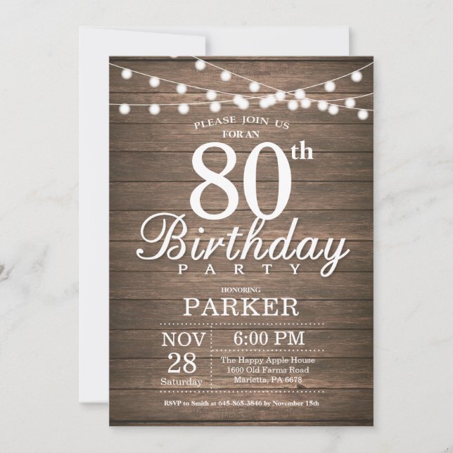 Rustic 80th Birthday Invitation String Lights Wood (Front)