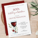 Rustic 80th Birthday Red Wine Surprise Party Invitation<br><div class="desc">Elegant 80th Birthday Red Wine Surprise Birthday Party Invitation. 80th birthday party invitation for her or him. Invitation with a red wine glass, roses and twigs on a white background. The text is fully customisable - personalise it with your name, any age - 30th 40th 50th 60th 70th 90th 100th,...</div>