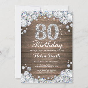 Rustic 80th Birthday Silver Diamond Invitation