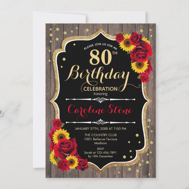 Rustic 80th Birthday - Sunflowers Roses Wood Invitation (Front)