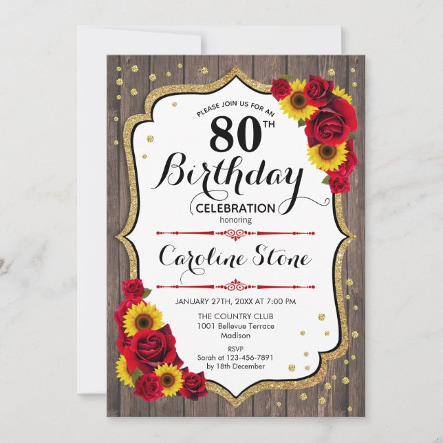 Rustic 80th Birthday - Sunflowers Roses Wood Invitation (Front)