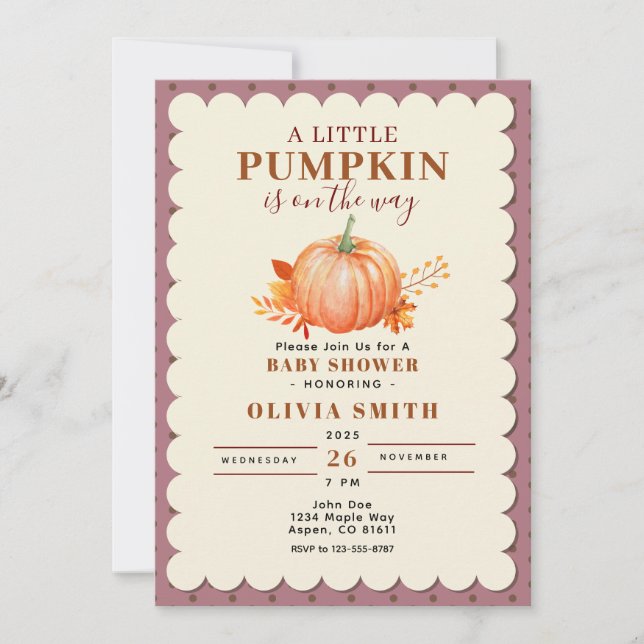 Rustic a Little Pumpkin Fall Baby Shower Purple Invitation (Front)