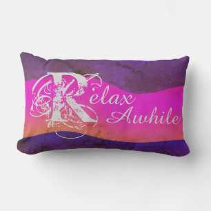 Rustic Abstract Art "Relax Awhile" Purple Pink Lumbar Cushion