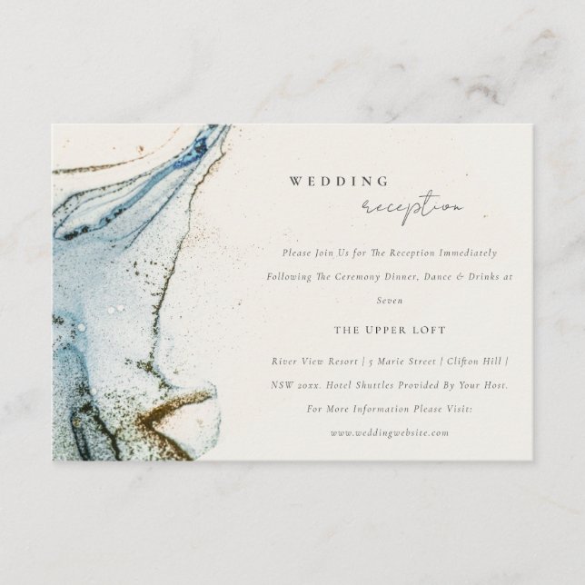 Rustic Abstract Blue Gold Beachy Wedding Reception Enclosure Card (Front)