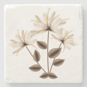 Rustic Abstract Ivory Brown Flower Green Leaves Stone Coaster