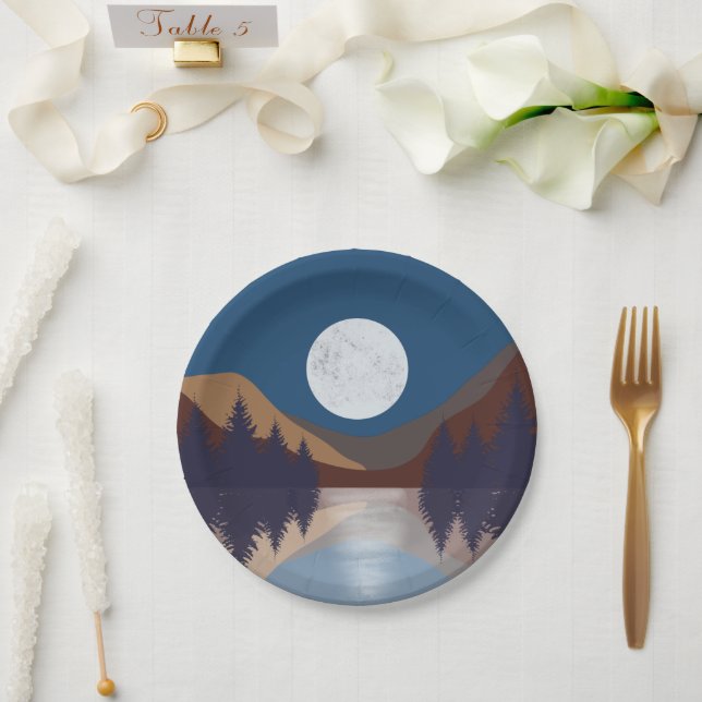 Rustic Abstract Landscape Forest Moon Reflection Paper Plate (Wedding)