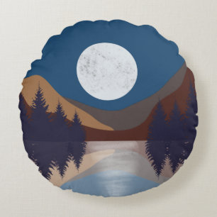Rustic Abstract Landscape Forest Moon Reflection Round Cushion