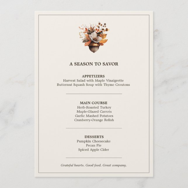 Rustic Acorn Floral Ivory Thanksgiving Dinner Menu (Front)
