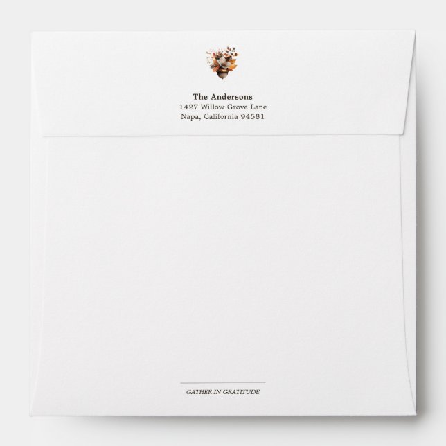 Rustic Acorn Floral White Square Return Address Envelope (Back (Top Flap))