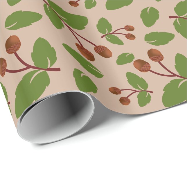 Rustic Acorns and Green Leaves Custom Pattern Wrapping Paper (Roll Corner)