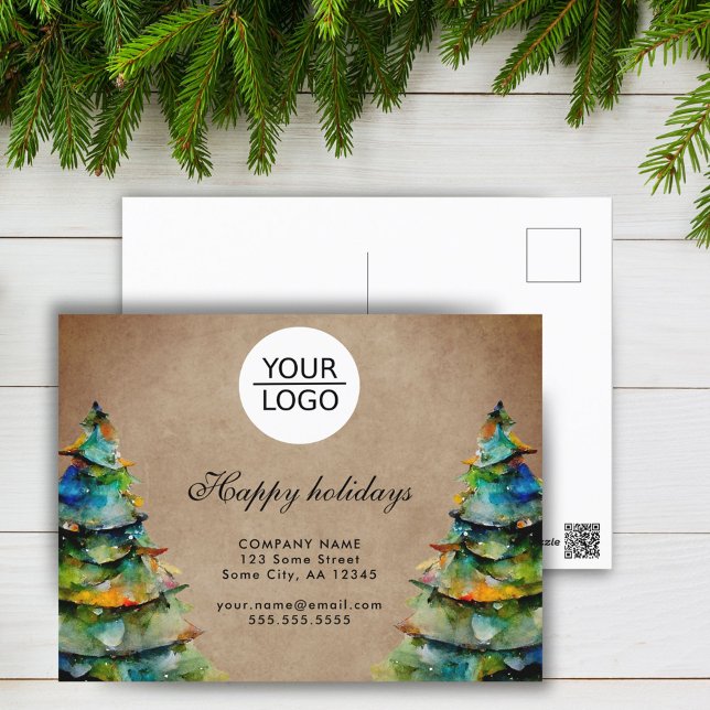 Rustic Add Logo Custom Text Christmas Tree Holiday Postcard (Creator Uploaded)