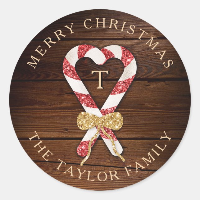 Rustic Add Name Monogram Merry Christmas Classic Round Sticker (Front)