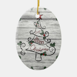 Rustic Aged Barn Wood Christmas Tree Holly Ceramic Tree Decoration