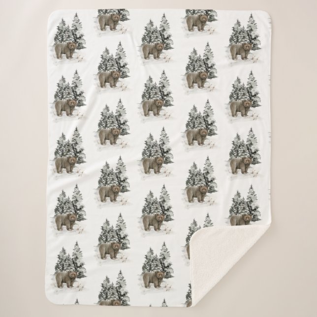 Rustic Alaska Cabin Grizzly Bear Woodland Forest Sherpa Blanket (Front)