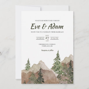 Rustic Alpine Mountain Watercolor Winter Wedding Invitation