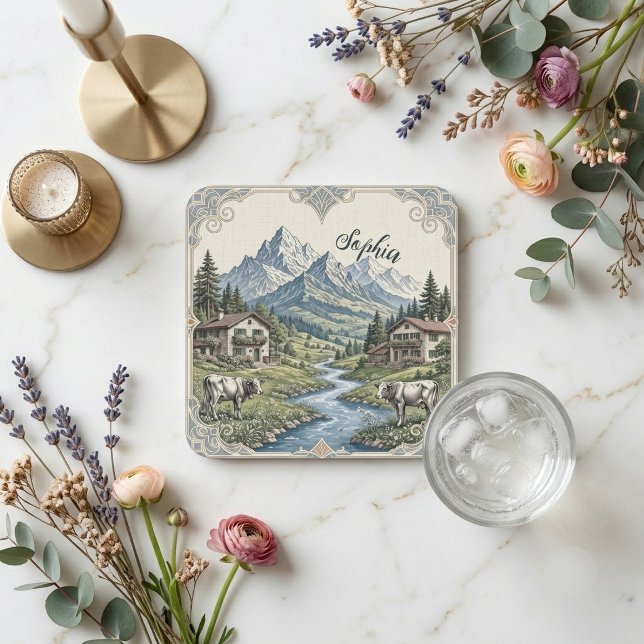 Rustic Alpine Snow Rolling Meadow Grazing Cows Art Square Paper Coaster (Rustic Alpine Snow Rolling Meadow Grazing Cows Art Square Paper Coaster)
