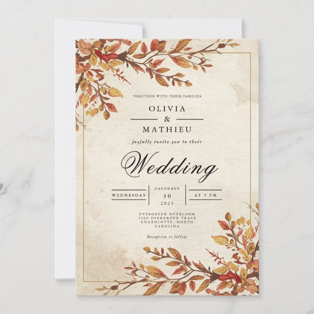 Rustic Amber Foliage Arch Wedding Invitation (Front)