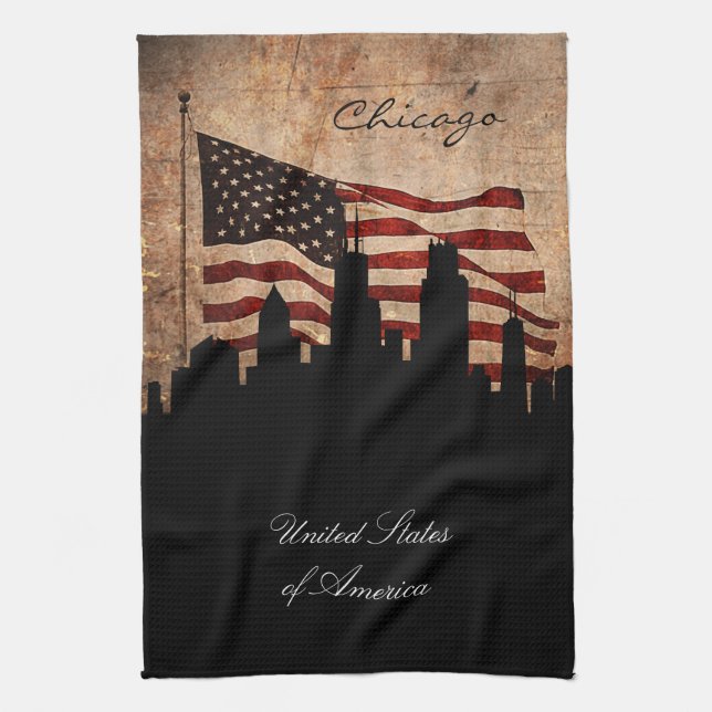 Rustic American Flag Chicago Skyline Tea Towel (Vertical)