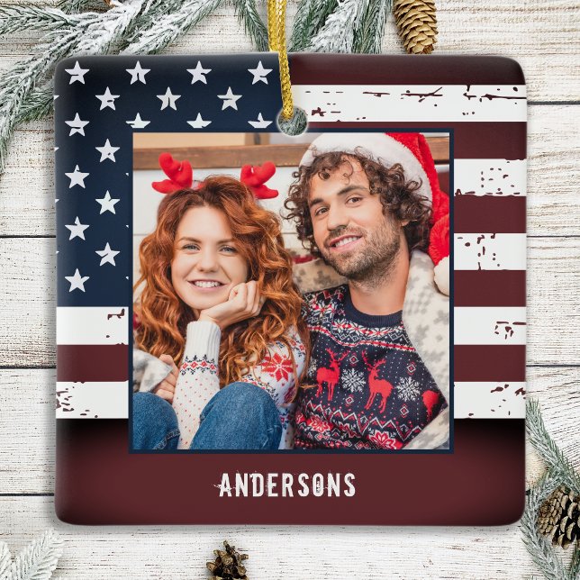 Rustic American Flag Custom 2 Photo Patriotic  Ceramic Ornament (Creator Uploaded)