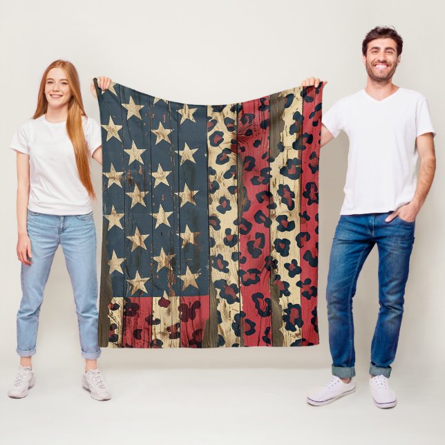 Rustic American Flag Leopard Print (1) Fleece Blanket (In Situ)