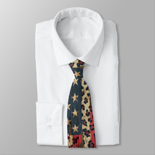 Rustic American Flag Leopard Print (1) Tie (Tied)