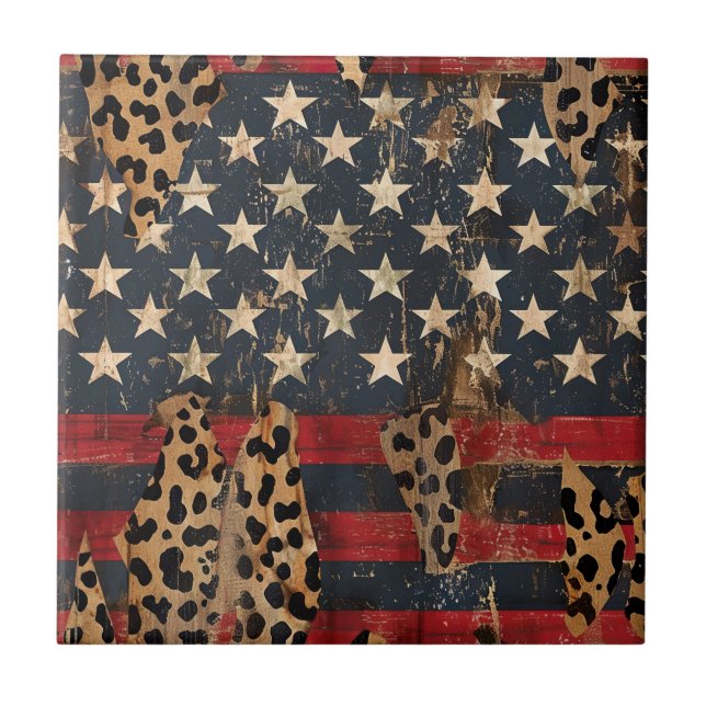 Rustic American Flag Leopard Print (3) Tile (Front)