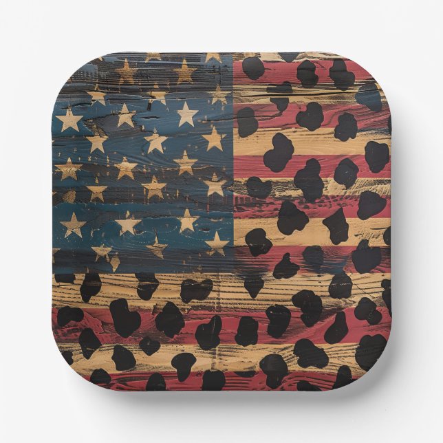 Rustic American Flag Leopard Print (4) Paper Plate (Front)