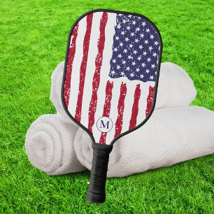 Rustic American Flag Monogram Pickleball Paddle