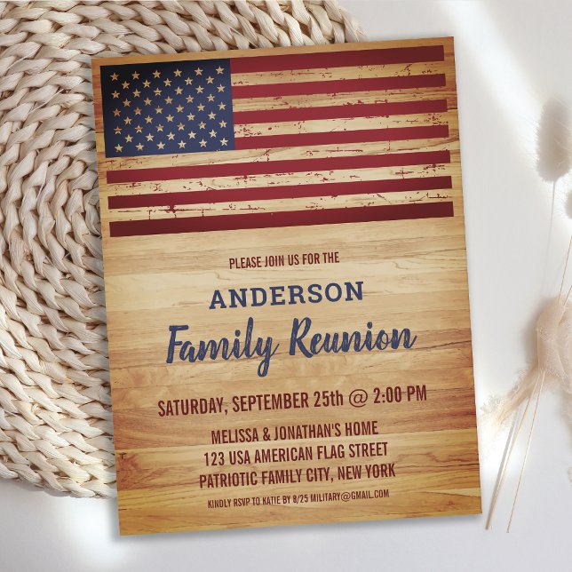 Rustic American Flag Patriotic Family Reunion Invitation Postcard (Creator Uploaded)