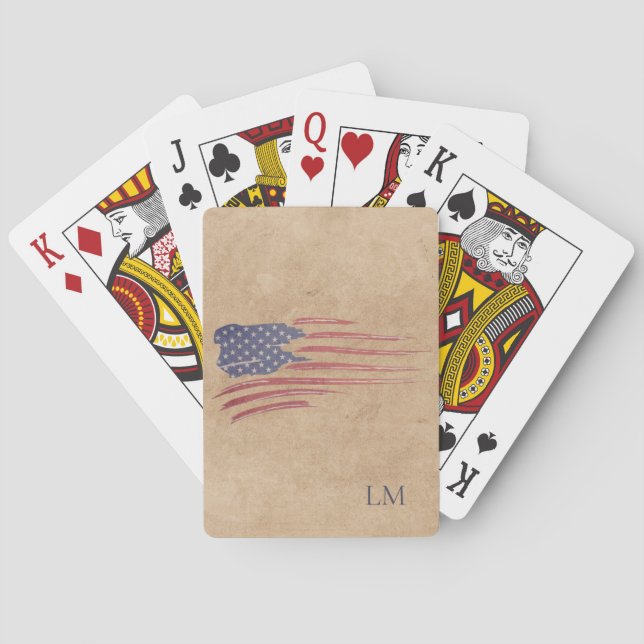 Rustic American Flag Patriotic Monogram Playing Cards (Back)