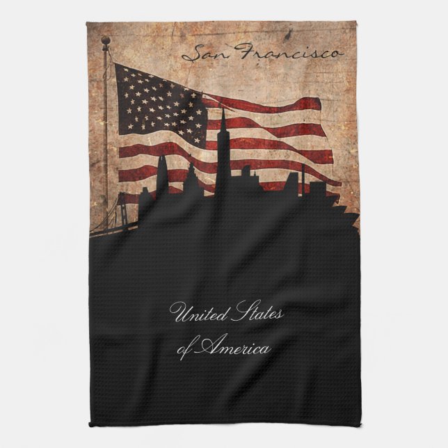 Rustic American Flag San Francisco Skyline Tea Towel (Vertical)