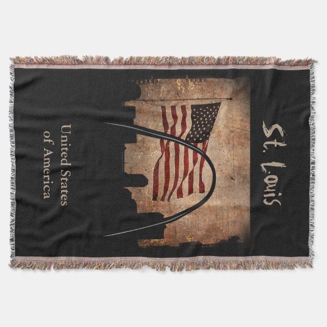 Rustic American Flag St. Louis Skyline Landmark Throw Blanket (Front)