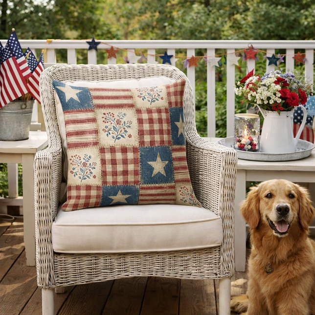 Rustic Americana Patchwork Quilt‑Style  Cushion (Creator Uploaded)