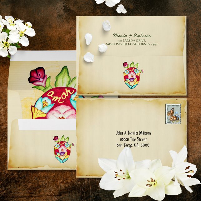Rustic Anatomical Floral Heart Mexican Wedding  Envelope (Creator Uploaded)