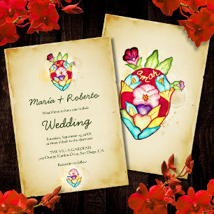 Rustic Anatomical Floral Heart Mexican Wedding  Invitation