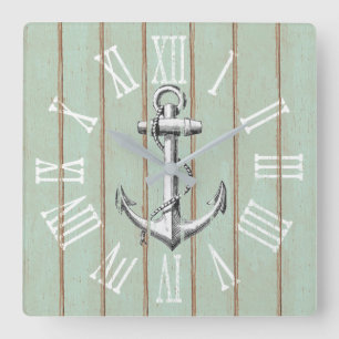 Rustic Anchor and Wood Elegant Nautical Square Wall Clock