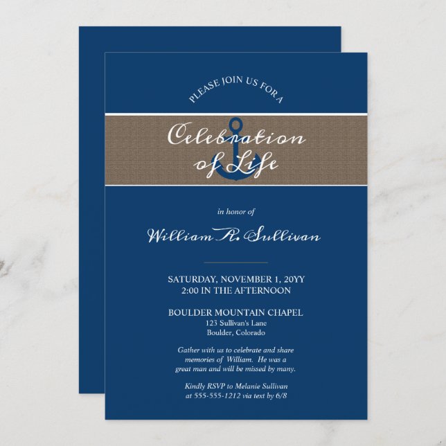 Rustic Anchor Nautical Photo Celebration of Life Invitation (Front/Back)