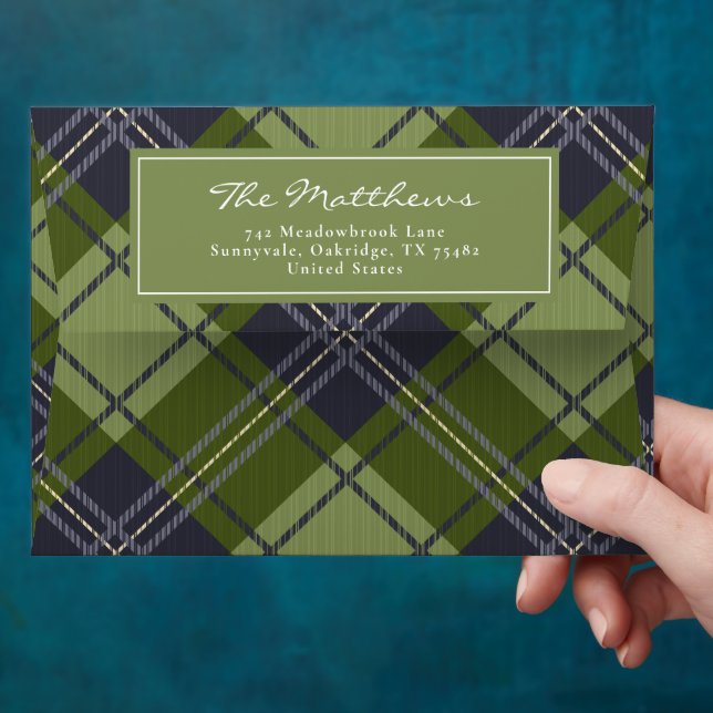 Rustic and Classic Navy Green Plaid Christmas Envelope (Hand)