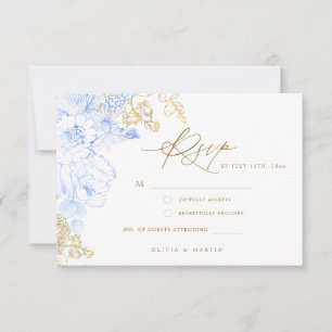 Rustic and elegant Floral dusty blue gold Wedding  RSVP Card