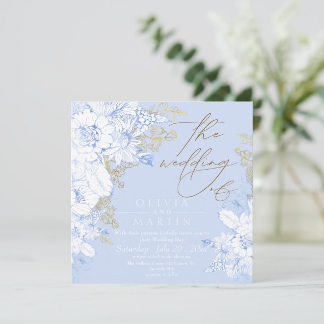 Rustic and elegant Florals Gold Wedding Dusty blue Invitation (Standing Front)